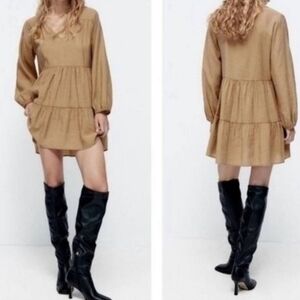 Zara Brown Long Sleeve Tiered Mini Dress Size S